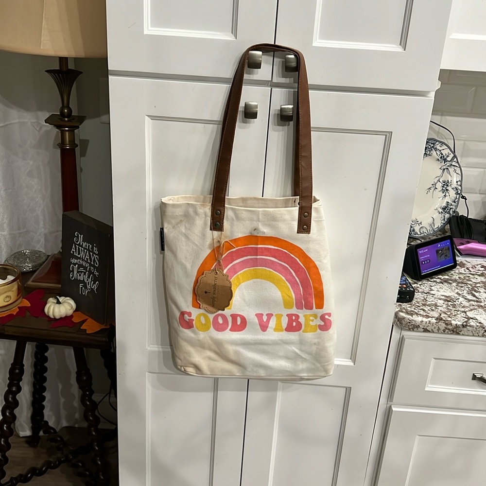 Simply southern Good vibes tote shoulder carry cream pink and yellow rainbow 🌈
